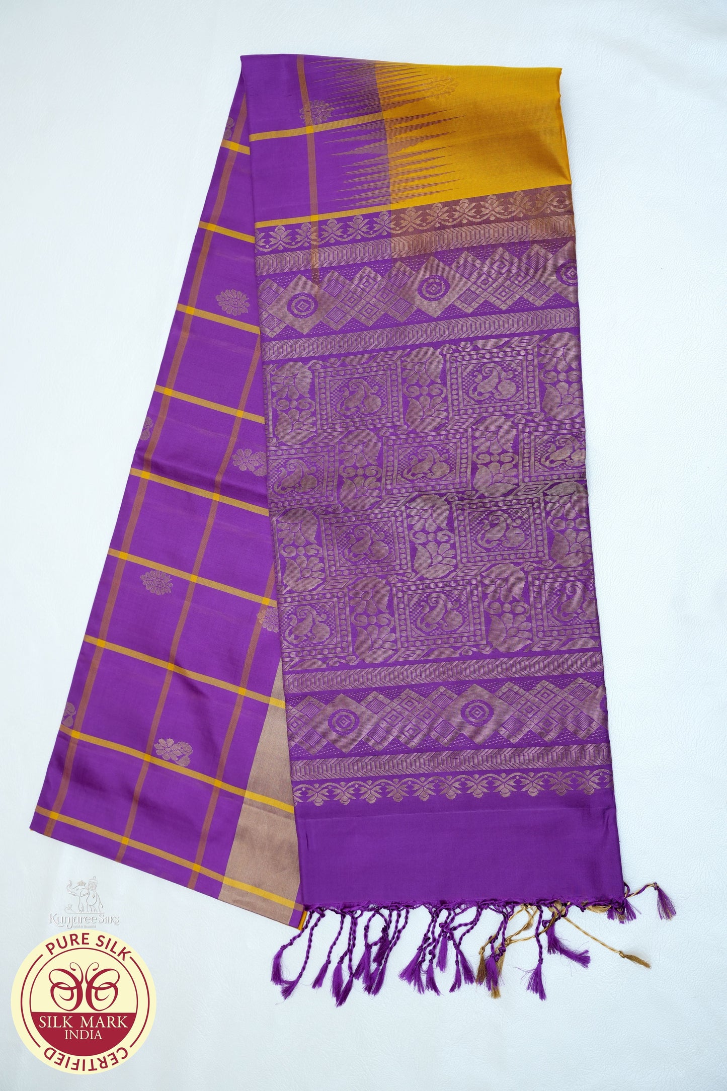 Yellow with Purple Color Pure Silk Saree