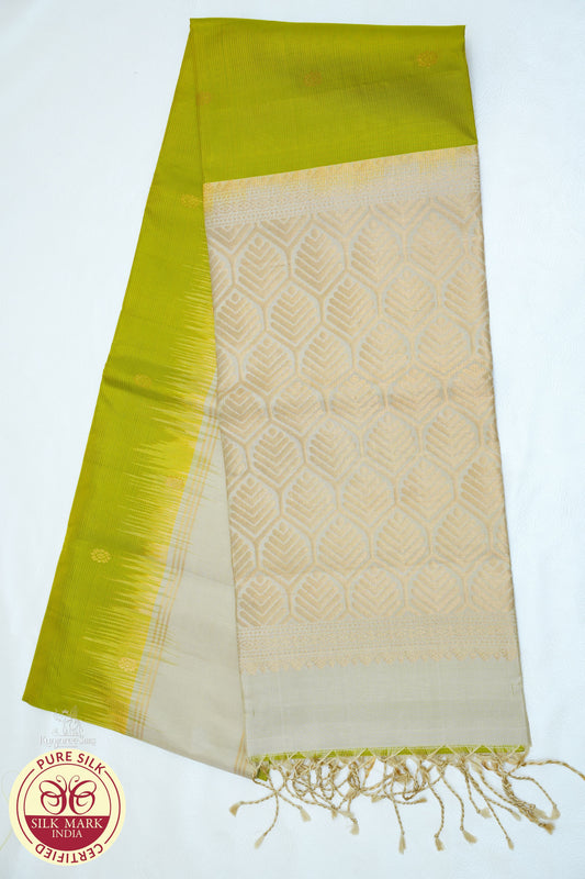 Green with Golden Grey Color Pure Silk Saree