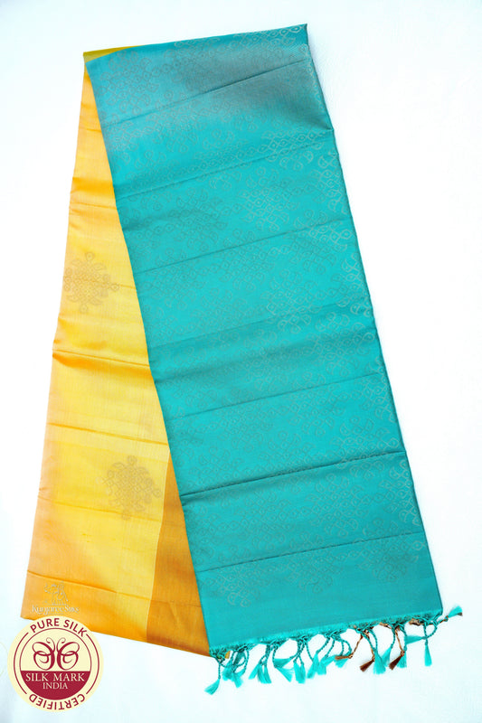 Yellow with Teal Blue Color Pure Silk Saree