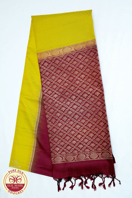 Lemon Yellow with Maroon Color Pure Silk Saree