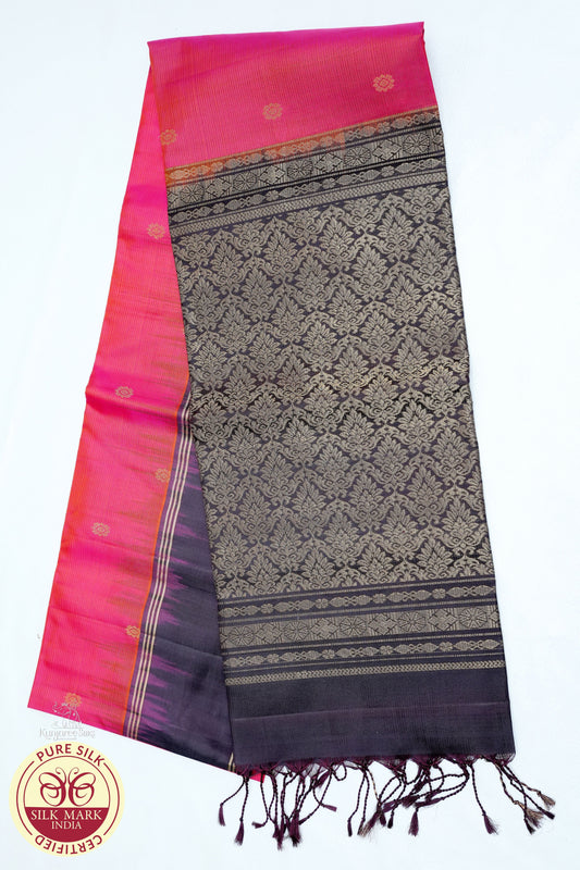 Crimson with Coffee Color Pure Silk Saree