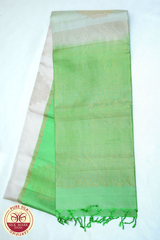 Pastel Grey with Parrot Green Color Pure silk Saree