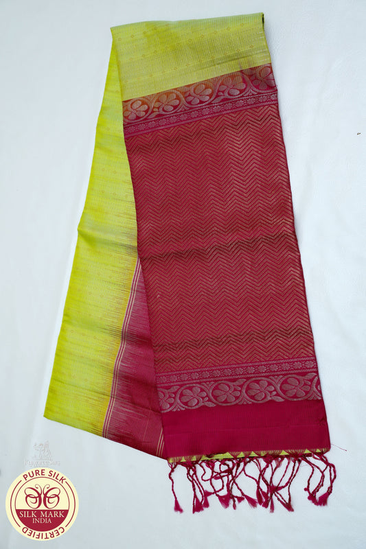 Pure Handloom Soft Silk Dual Tone Saree – Lime Green & Rani Pink with Rich Zari Pallu