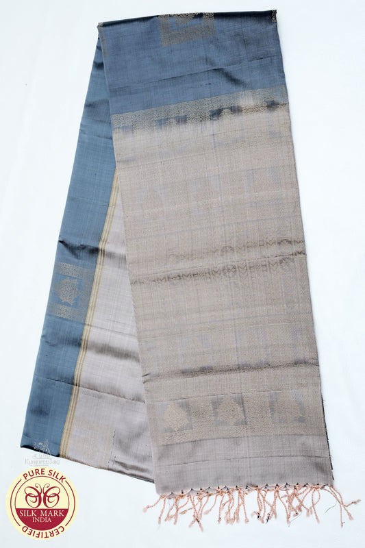 Pure Handloom Soft Silk Saree – Dark Grey & Champagne Beige