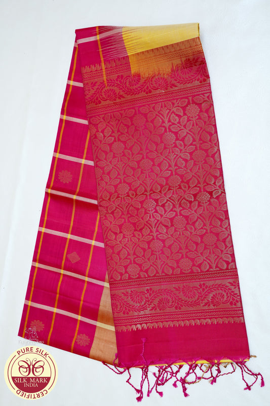 Lemon Yellow with Red Color Pure Silk Saree