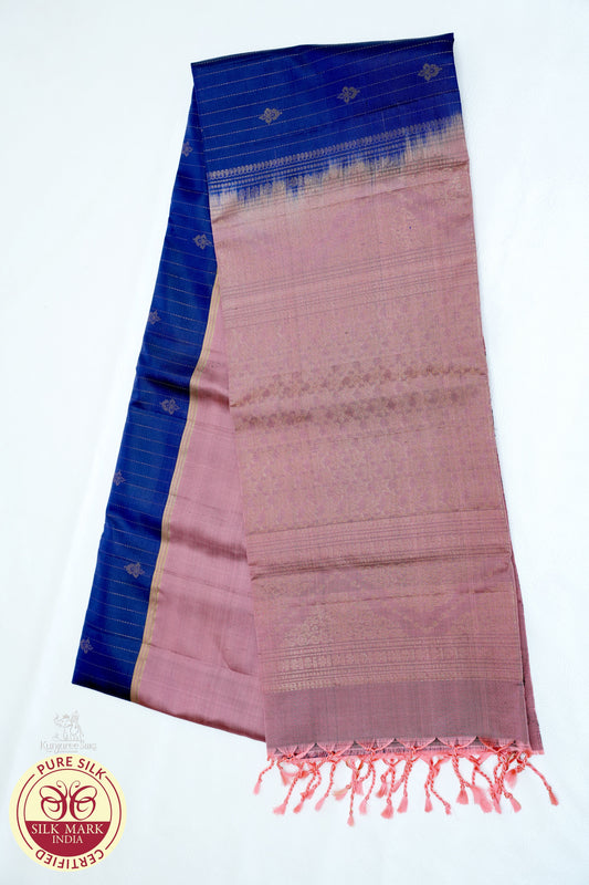 Royal Blue with Brown Gold Color Pure Silk Saree