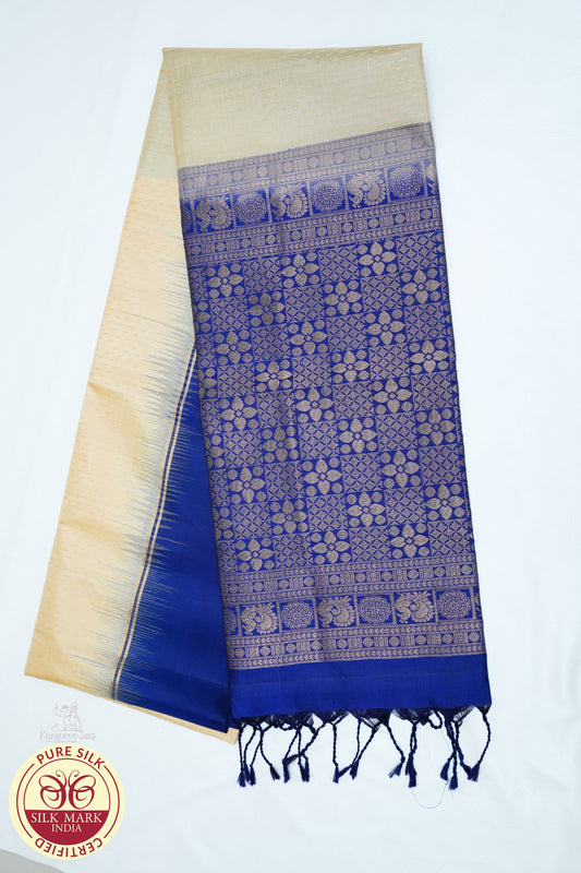 Cream Yellow with Navy Blue Color Pure Silk Saree