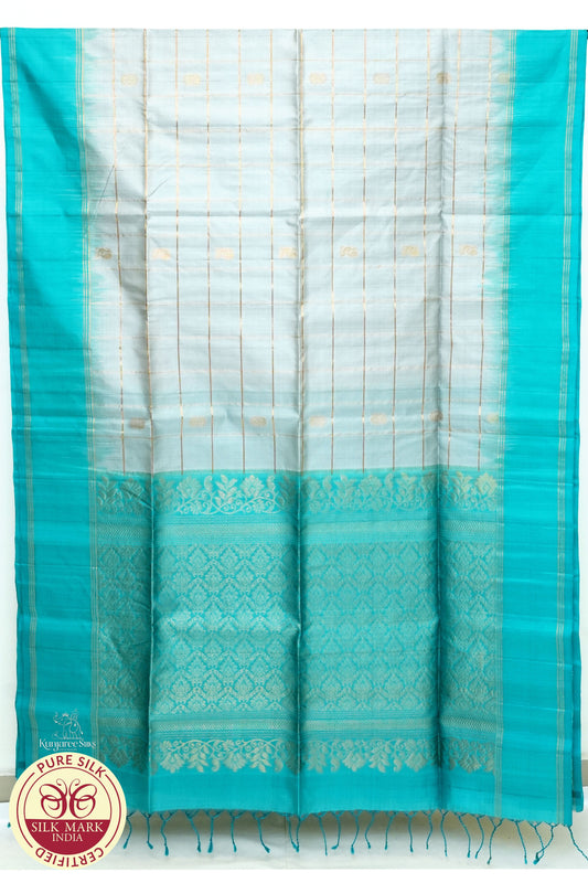 Cream White with Sea Blue Color Pure Silk Saree - Test