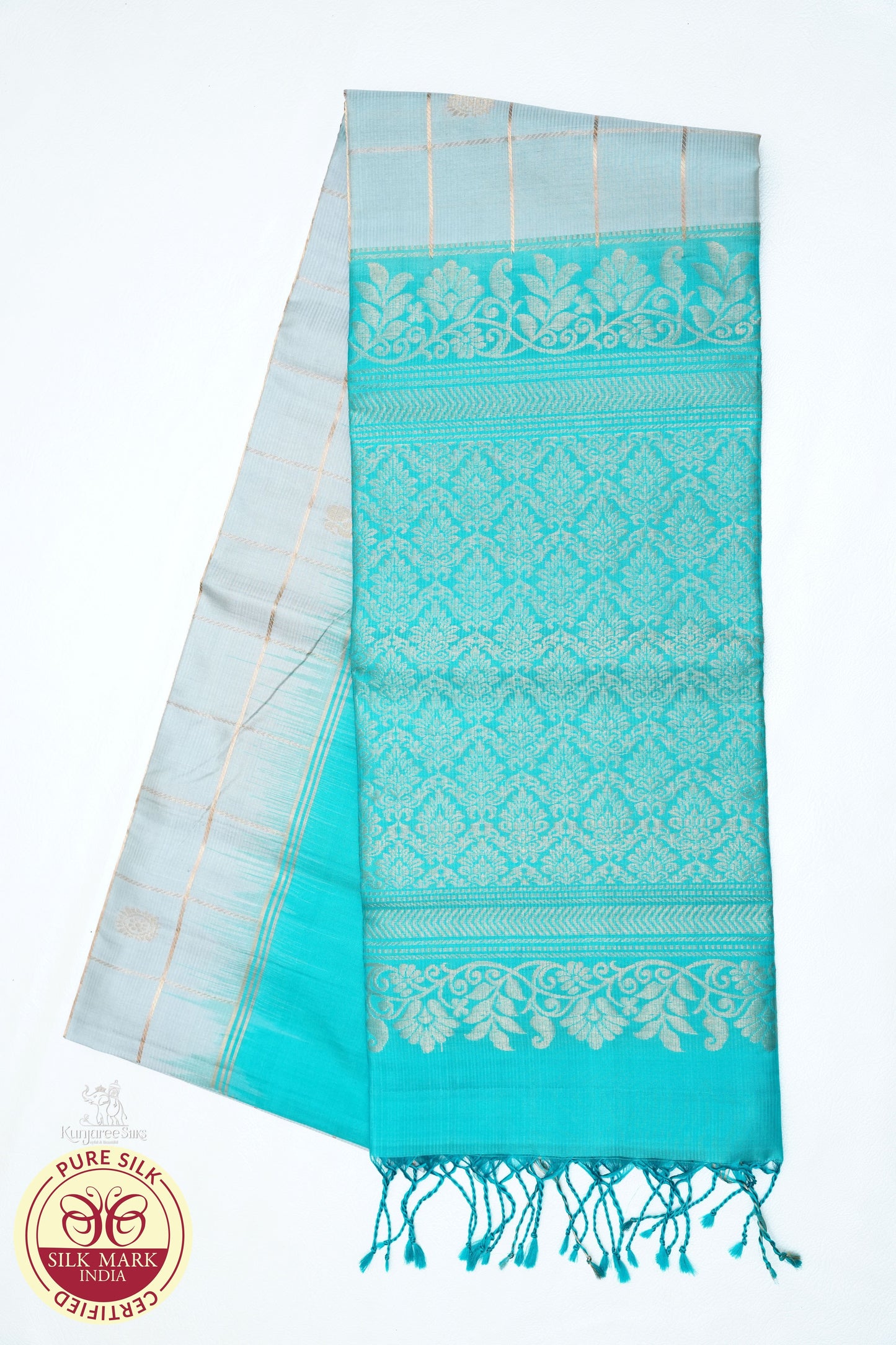 Cream White with Sea Blue Color Pure Silk Saree - Test