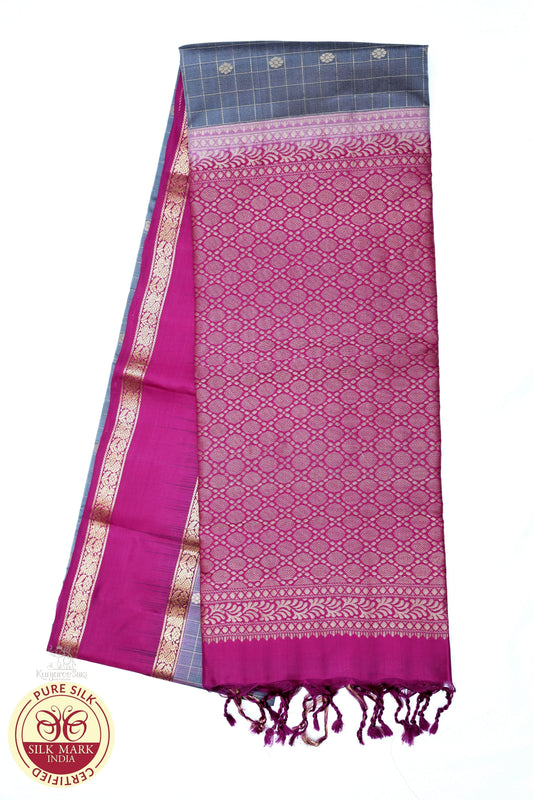 Pure Silk Handloom Soft Silk Saree – Mist Grey with Rani Pink Zari Pallu