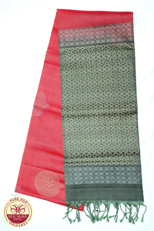 Pure Silk Handloom Soft Silk Saree – Tomato Red with Olive Green Zari Pallu