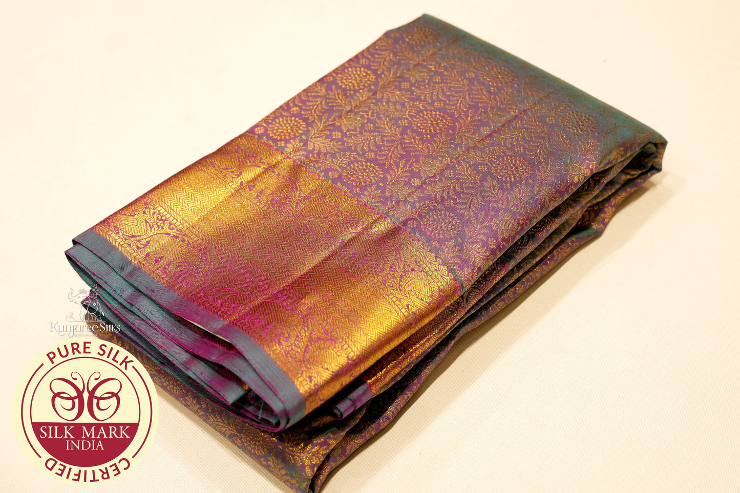 Dual Tone Purple with blue in Gold border Kanjivaram Pure Silk Saree