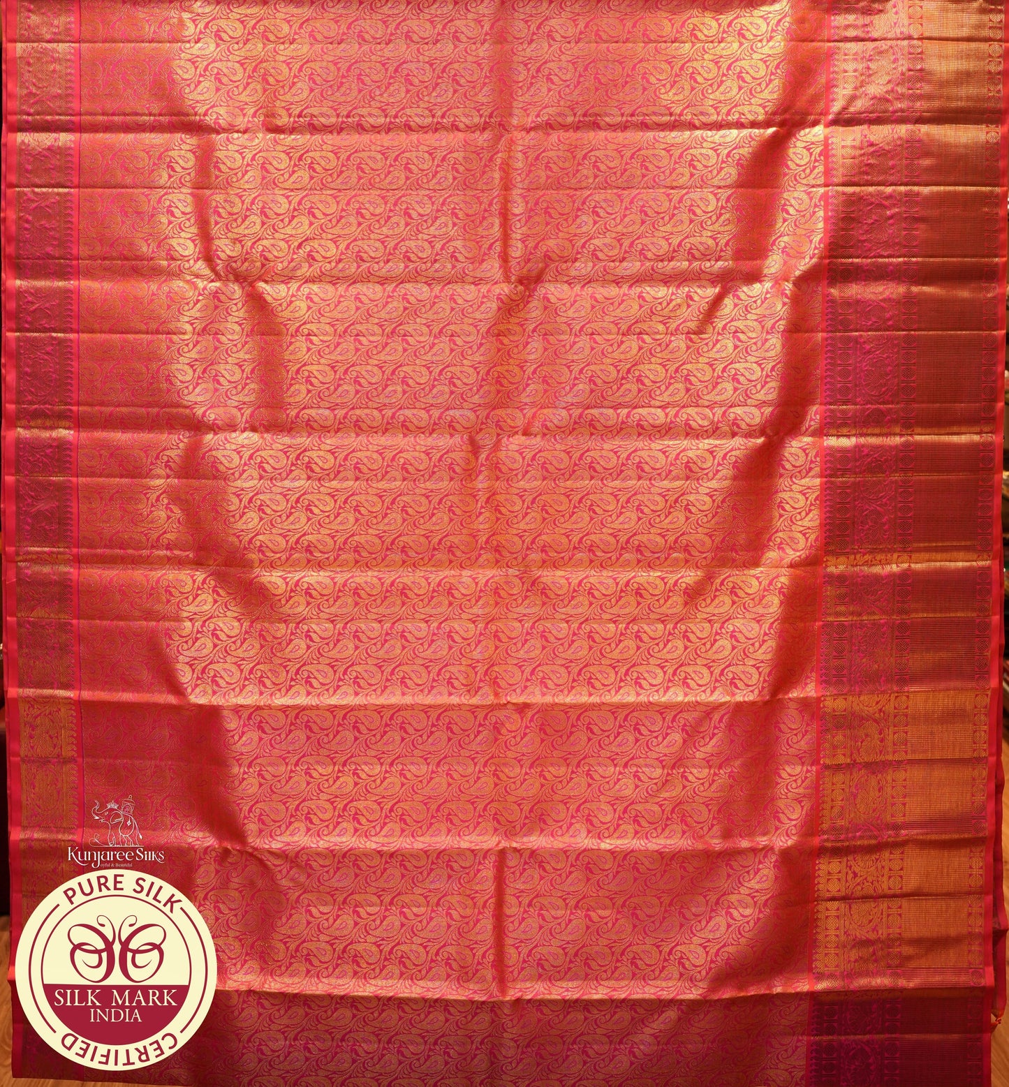 Carmine Pink with Gold Color Kanjivaram Brocade Pure Silk Saree