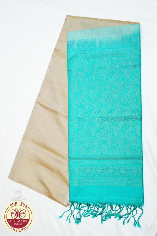 Dusty Gold with Bluish Green Color Pure Silk Saree