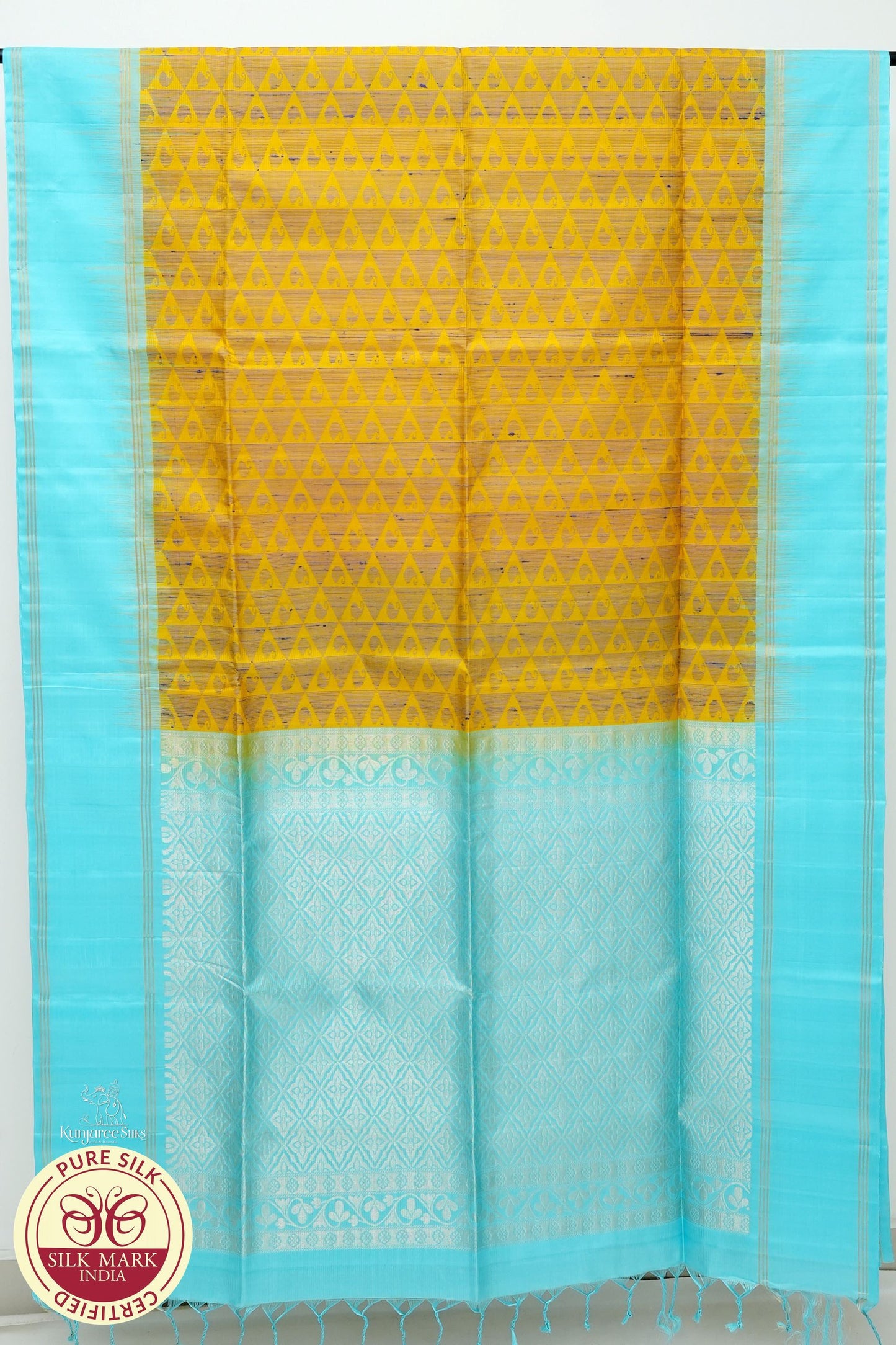 Mustard Yellow with Sky Blue Color Pure Silk Saree