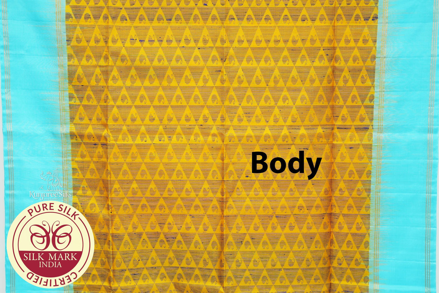 Mustard Yellow with Sky Blue Color Pure Silk Saree