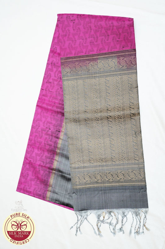 Pure Silk Handloom Soft Silk Saree in Candy Pink and Silver Grey