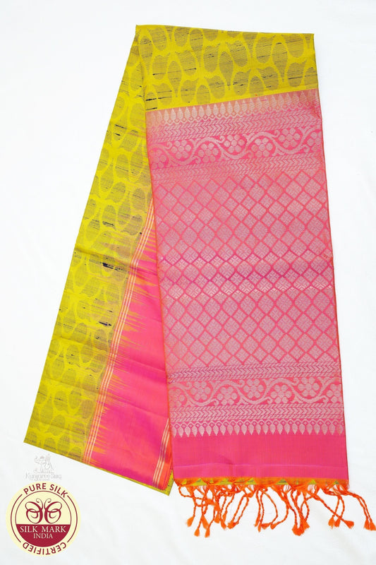 Pure Silk Handloom Soft Silk Saree in Lime Yellow and Baby Pink