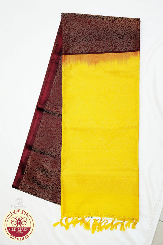 Brown with Lemon Yellow Color Pure Silk Saree