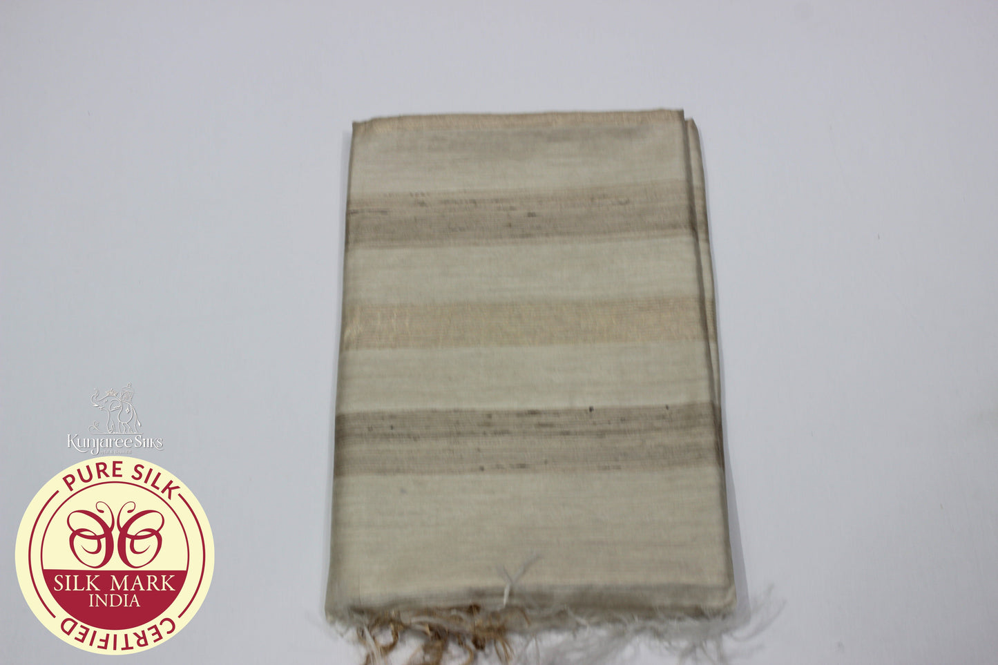 Pure White Tussar Silk Saree with Golden Zari Stripes