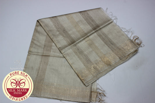 Pure White Tussar Silk Saree with Golden Zari Stripes