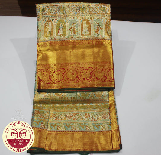 4D with Red, Teal Blue, Gold and Green Color Brocade Kanjivaram Pure Silk Saree