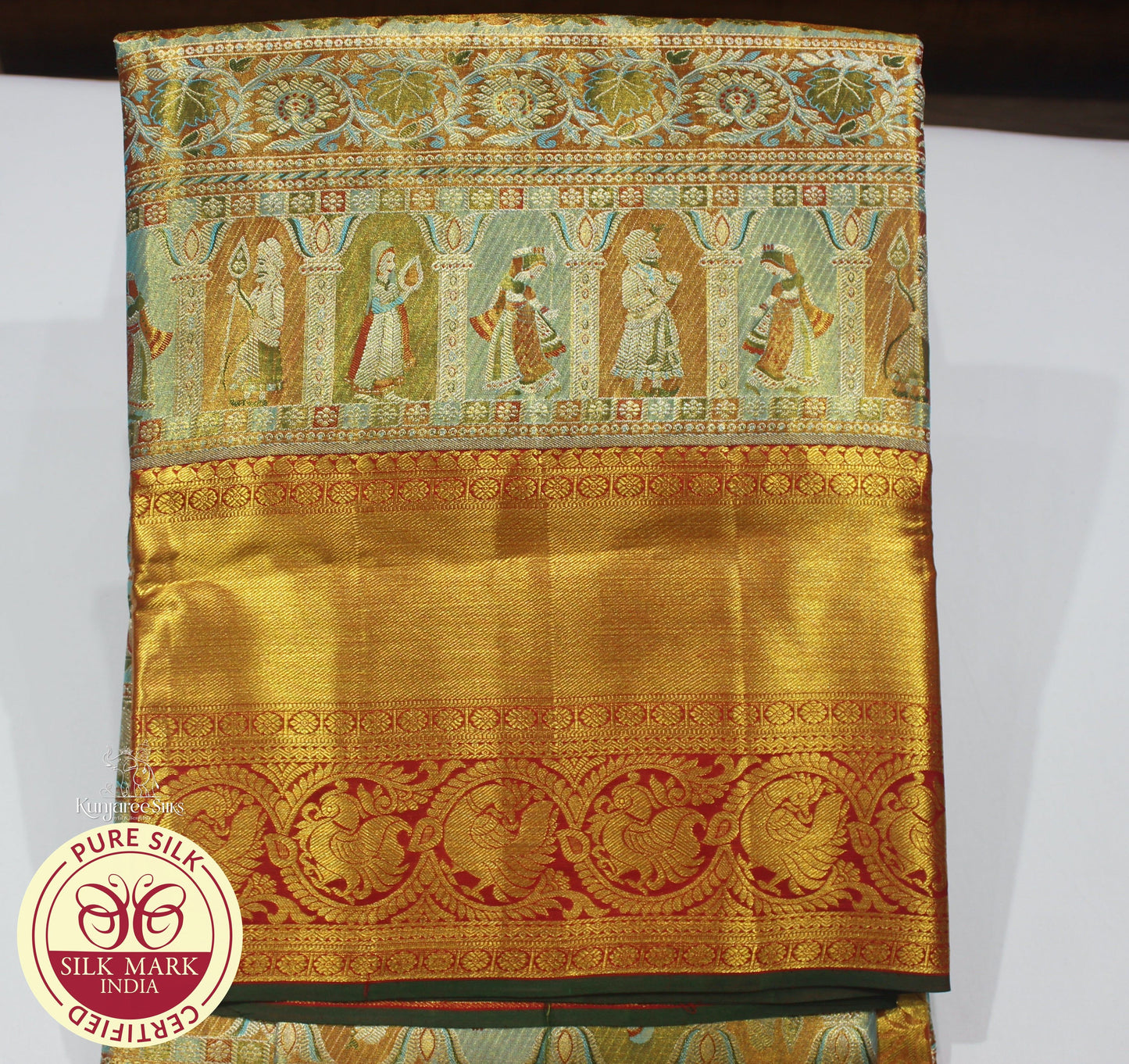 4D with Red, Teal Blue, Gold and Green Color Brocade Kanjivaram Pure Silk Saree