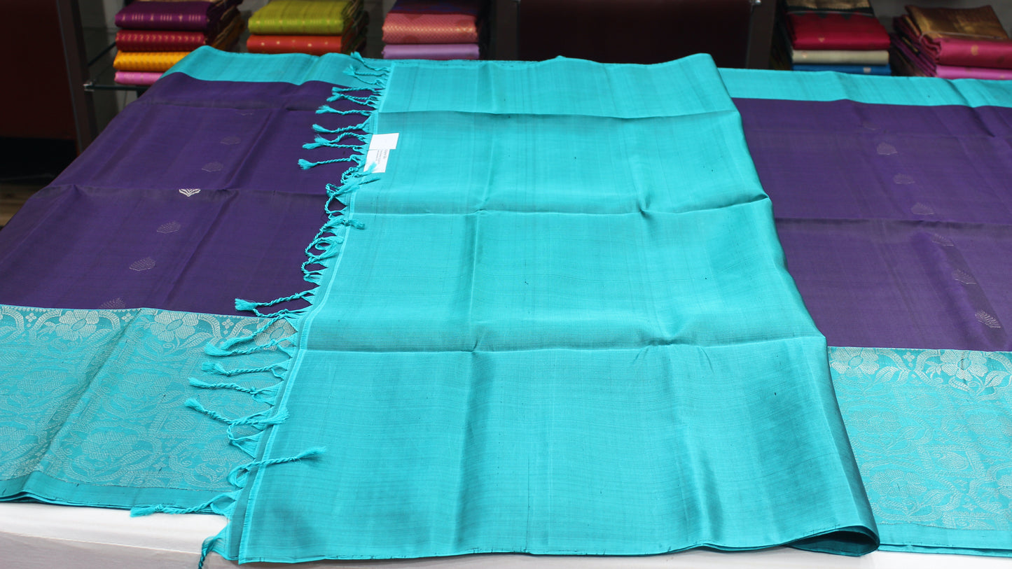 Royal Purple & Aqua Blue Pure Silk Handloom Saree with Silver Zari Floral Border