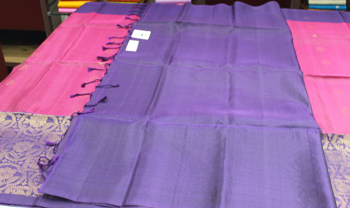 Rani Pink & Royal Purple Pure Soft Silk Handloom Saree with Rich Zari Floral Border