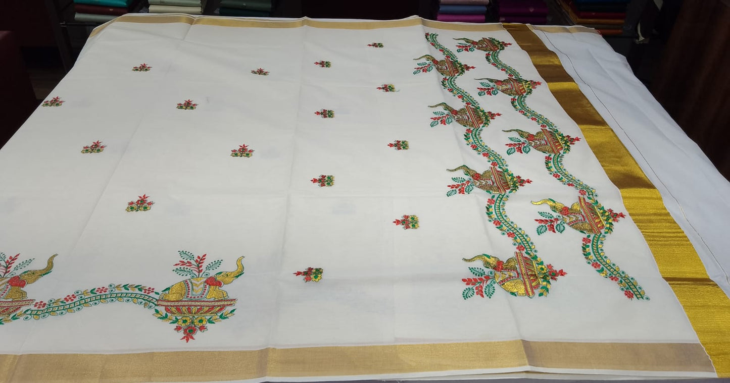 Elegant Kerala Cotton Saree with Traditional Elephant Motif & Golden Kasavu Border