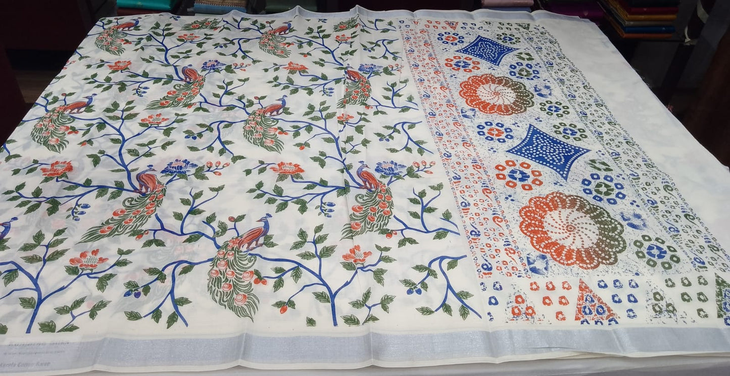 Elegant Kerala Cotton Saree with Peacock & Floral Heritage Print | Silver Kasavu Border