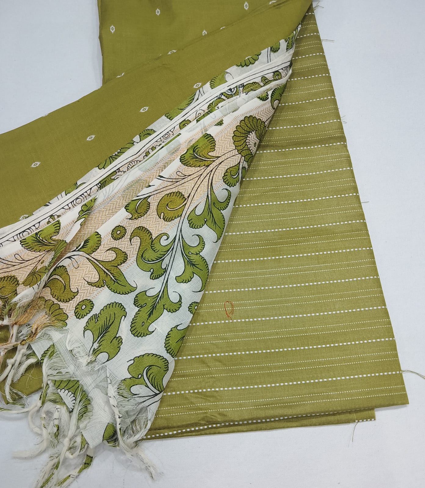 Olive Green Cotton Silk Unstitched Salwar Suit with Floral Printed Dupatta