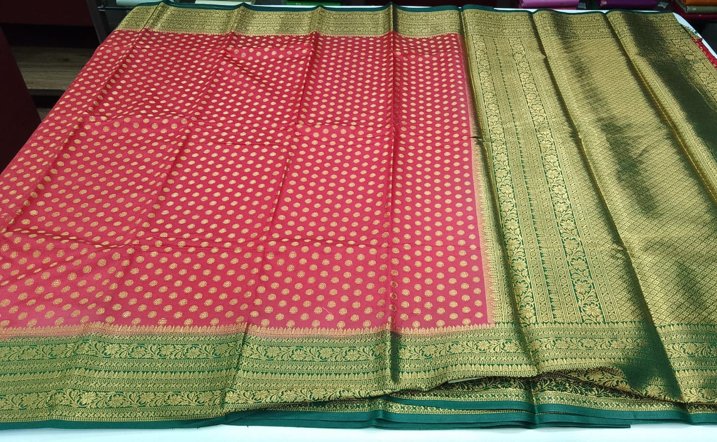 Classic Red with Bottle Green Rich Zari Border & Grand Pallu