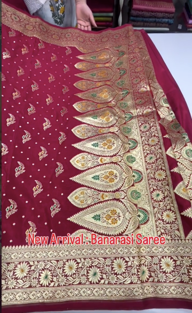 Bridal Maroon Banarasi Silk Saree with Grand Gold Zari Traditional Border