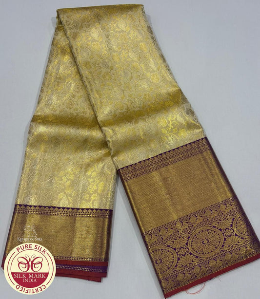 Off White Gold with Purple Colour Brocade Kanjivaram Pure Silk Saree