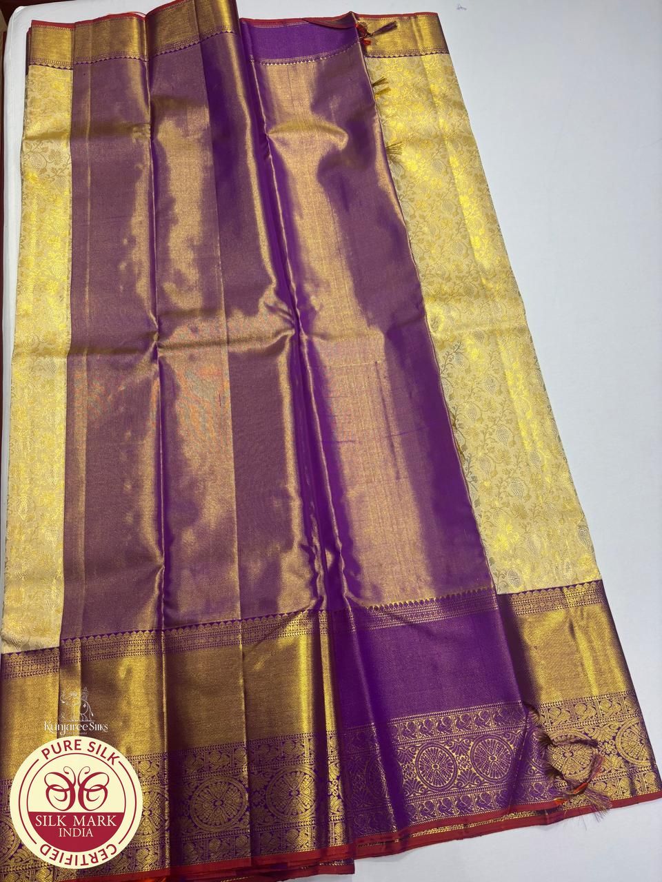 Off White Gold with Purple Colour Brocade Kanjivaram Pure Silk Saree