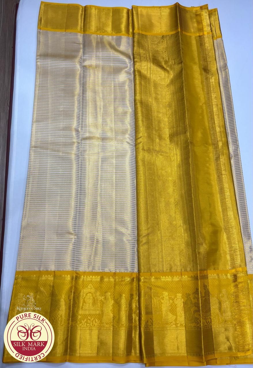 offwhite with Yellow Colour Brocade Kanjivaram Pure Silk Saree