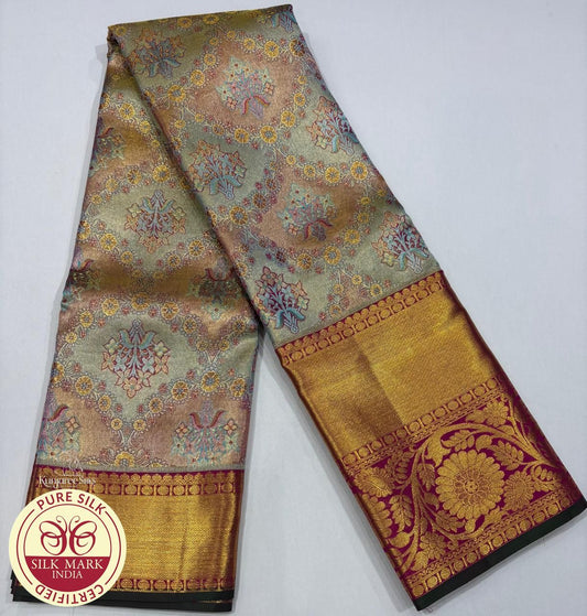 Dual Tone Gold blue Meenakari design Kanjivaram Pure Silk Saree