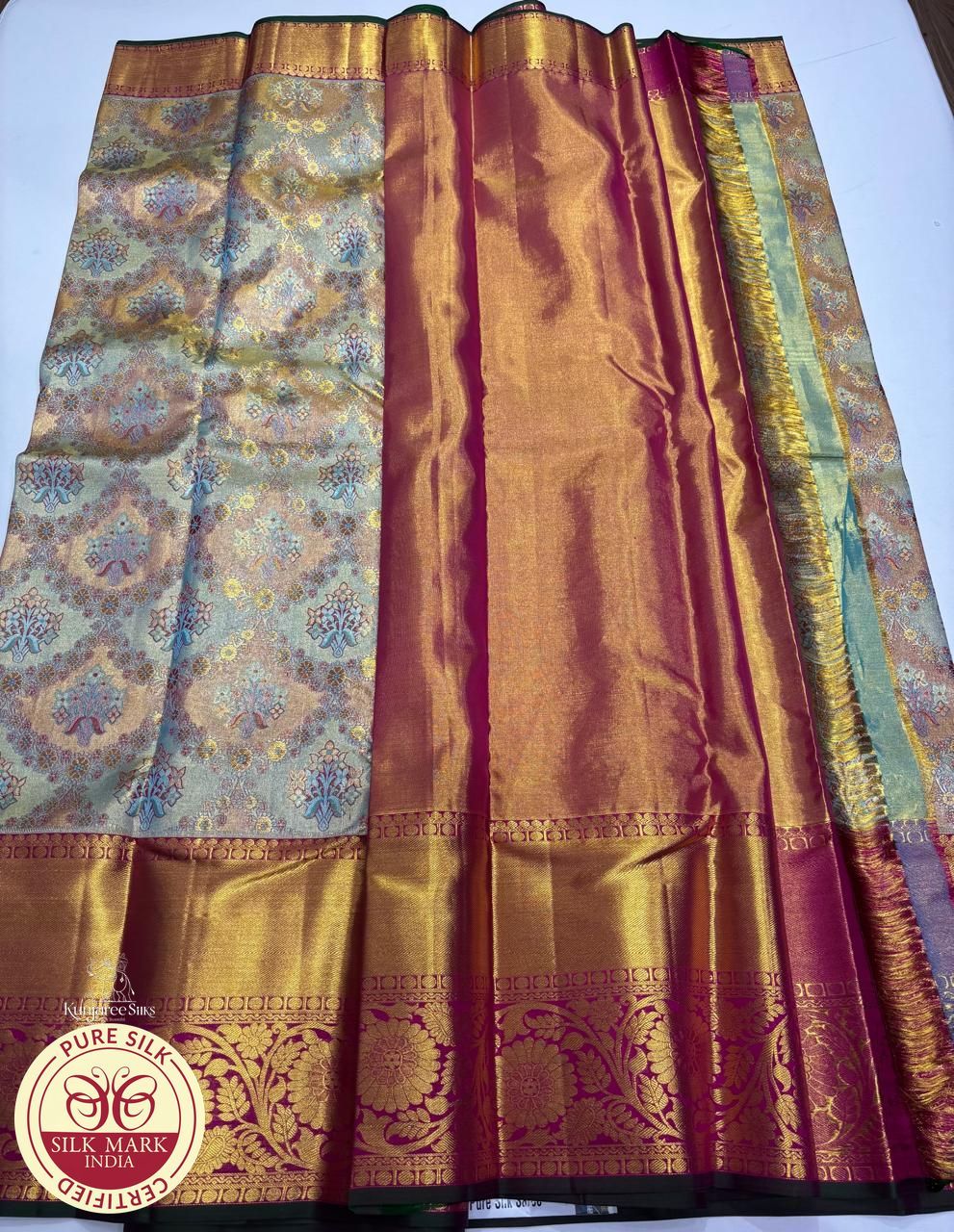 Dual Tone Gold blue Meenakari design Kanjivaram Pure Silk Saree