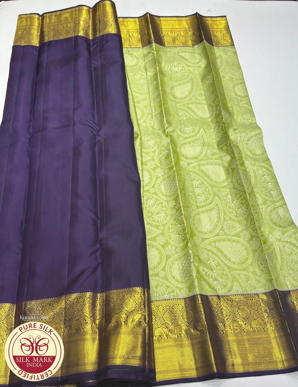 Pista Green with Royal Purple Colour Brocade Kanjivaram Pure Silk Saree
