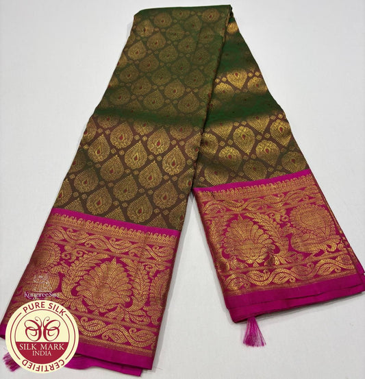 Dual Tone Green with Maroon Color Kanjivaram Pure Silk Saree