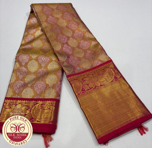Gold with pink Colour Kanjivaram Pure Silk Saree