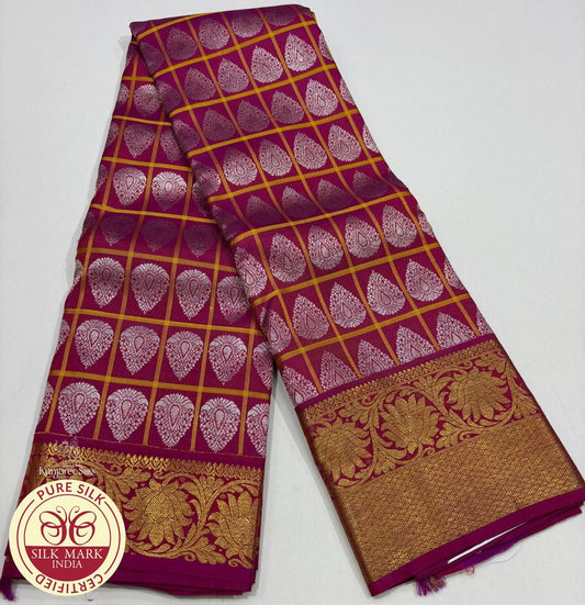 Red Wine Silver with Gold Color Kanjivaram Pure Silk Saree
