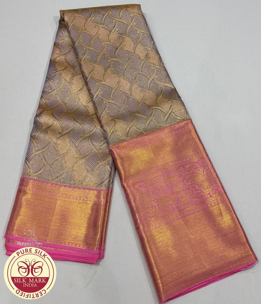 Purple with Baby Pink Embossed Kanjivaram Pure Silk Saree