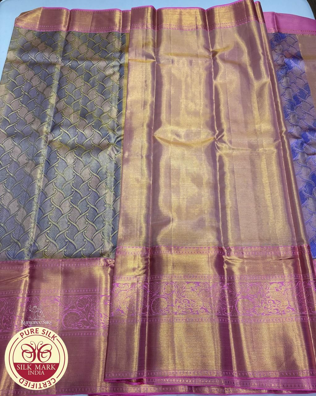 Purple with Baby Pink Embossed Kanjivaram Pure Silk Saree