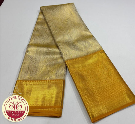 Cream gold with yellow Colour border Kanjivaram Pure Silk Saree