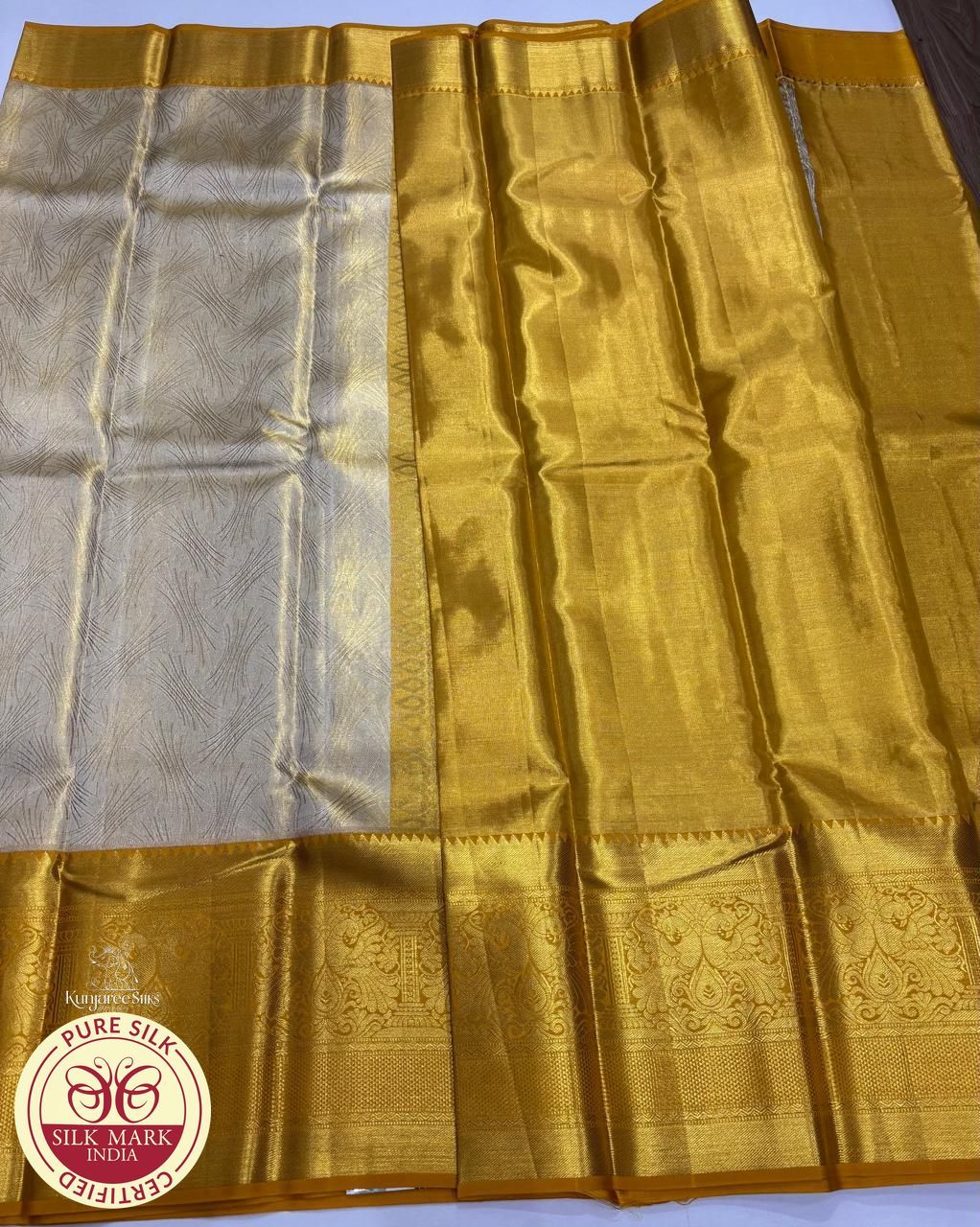 Cream gold with yellow Colour border Kanjivaram Pure Silk Saree