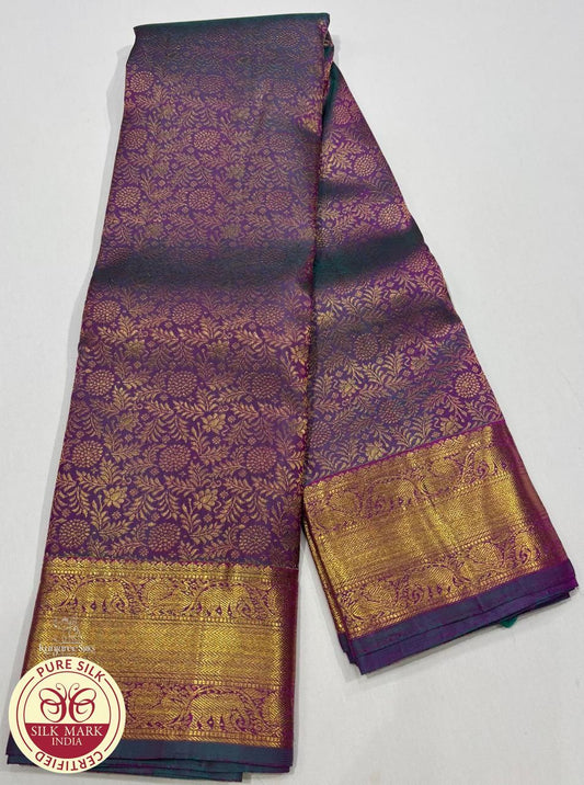 Dual Tone Purple with blue in Gold border Kanjivaram Pure Silk Saree