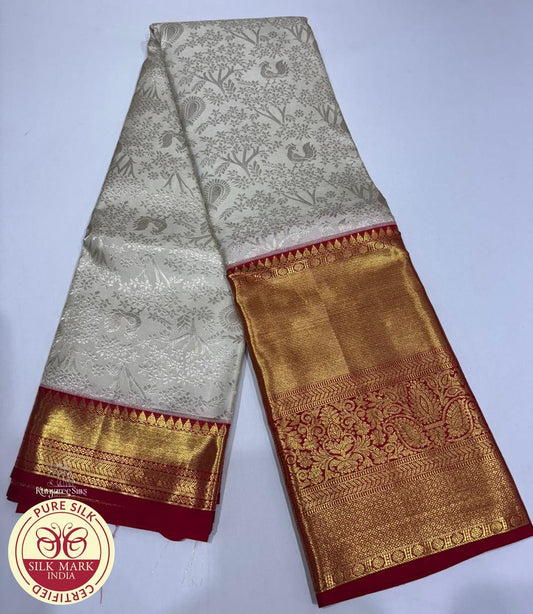 Cream White with Red Color Brocade Kanjivaram Pure Silk Saree