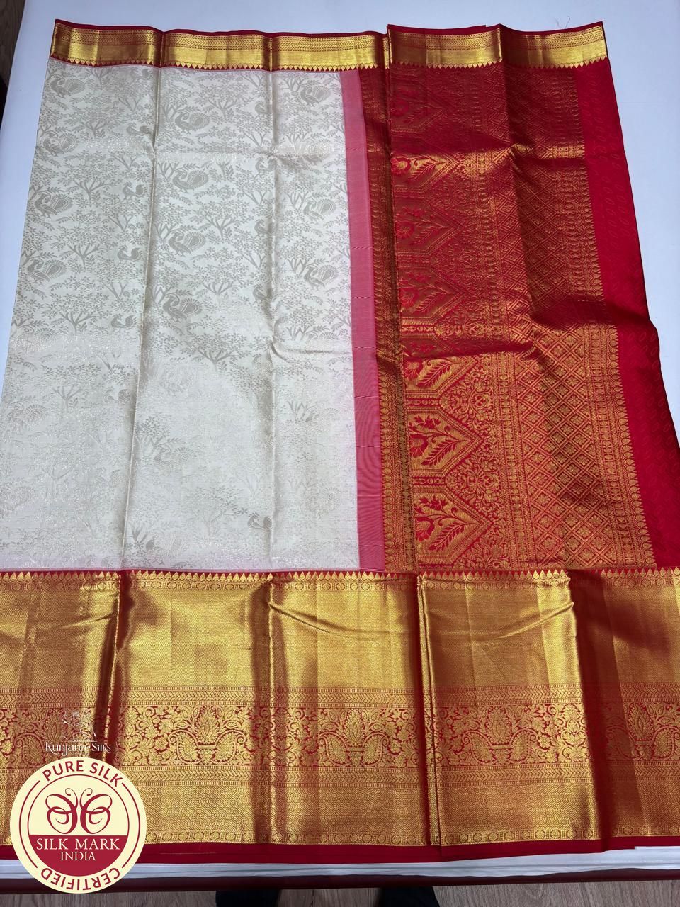 Cream White with Red Color Brocade Kanjivaram Pure Silk Saree